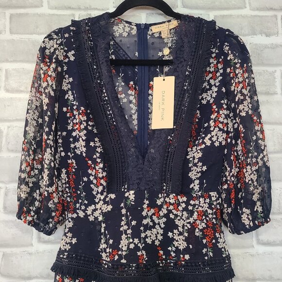 Dark Pink London Lace Floral Dress Fringe Deep V Neck Whimseygoth NEW Size 4 - Picture 7 of 10